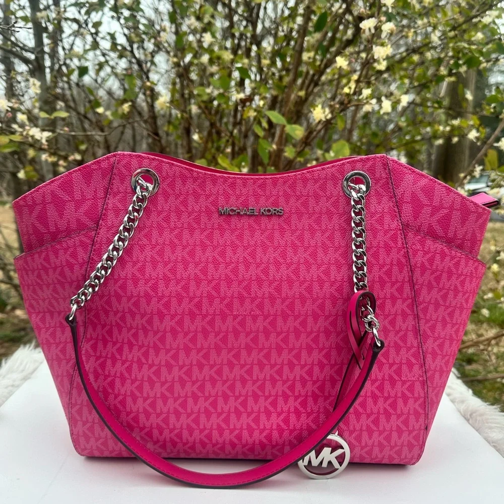 Michael Kors Jet set large chain shoulder tote Dragonfruit mk logo - Picture 4 of 16